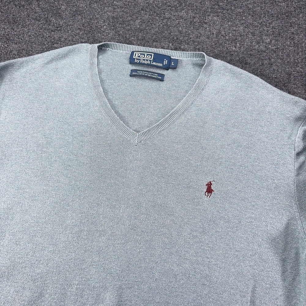 Polo Ralph Lauren Blue Gray Seafoam V-Neck Sweater Pima Cotton Logo Men's Large - Picture 2 of 7